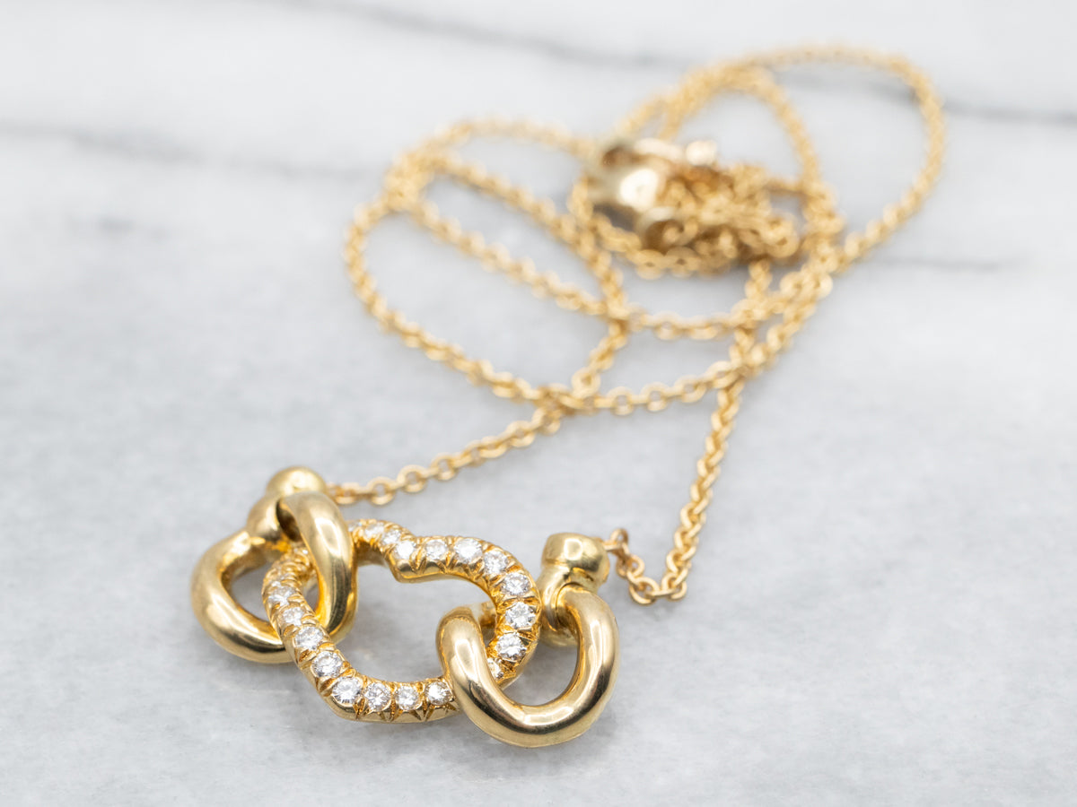 Modernist Gold Diamond Encrusted Heart Pendant Necklace