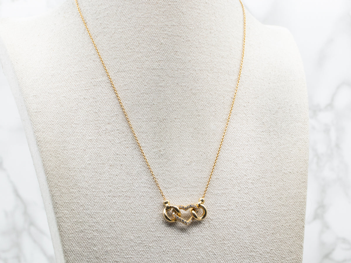 Modernist Gold Diamond Encrusted Heart Pendant Necklace