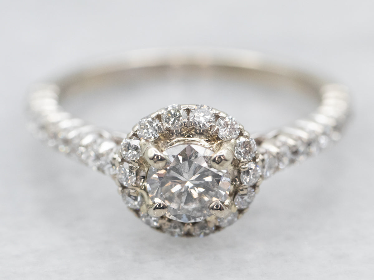 White Gold Diamond Engagement Ring with Diamond Halo and Diamond Shoulders