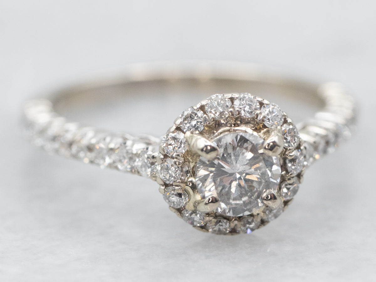 White Gold Diamond Engagement Ring with Diamond Halo and Diamond Shoulders