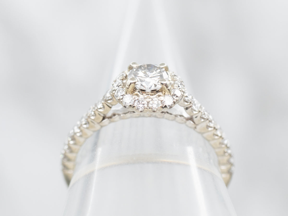 White Gold Diamond Engagement Ring with Diamond Halo and Diamond Shoulders