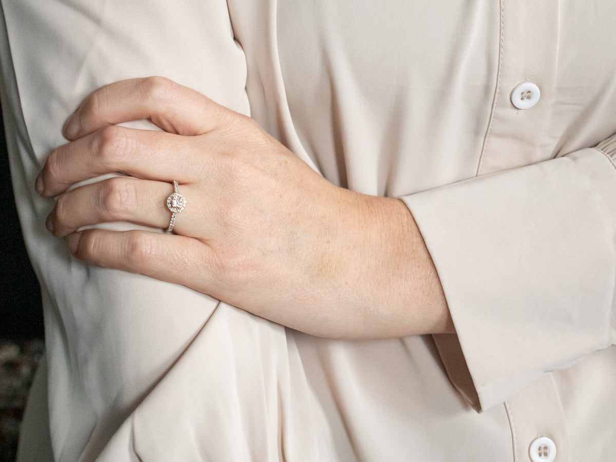 White Gold Diamond Engagement Ring with Diamond Halo and Diamond Shoulders