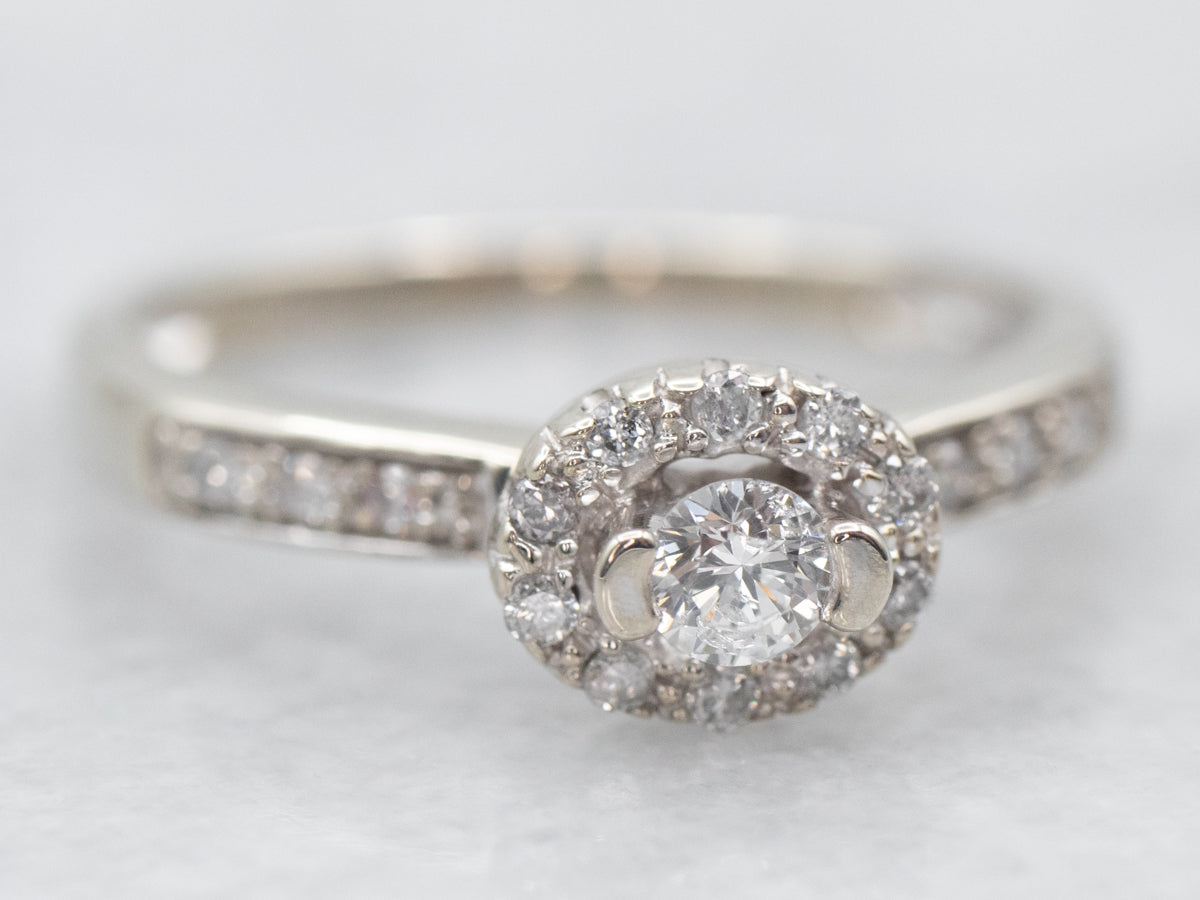 White Gold Round Cut Diamond Engagement Ring with East West Diamond Halo and Diamond Shoulders