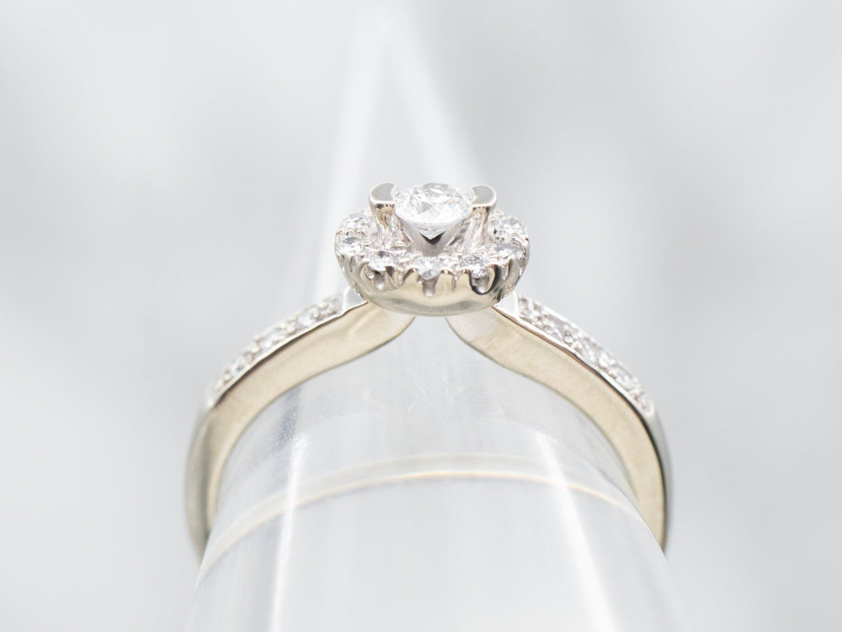 White Gold Round Cut Diamond Engagement Ring with East West Diamond Halo and Diamond Shoulders