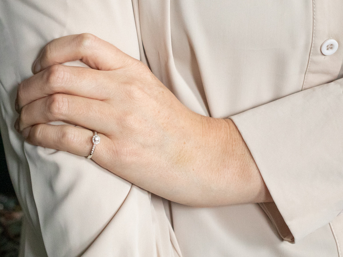 White Gold Round Cut Diamond Engagement Ring with East West Diamond Halo and Diamond Shoulders