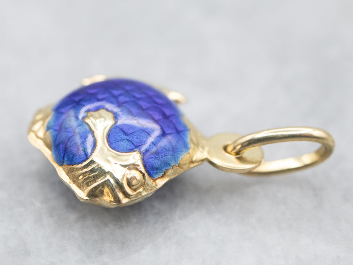 Vintage Gold Blue Enamel Fish Charm Pendant