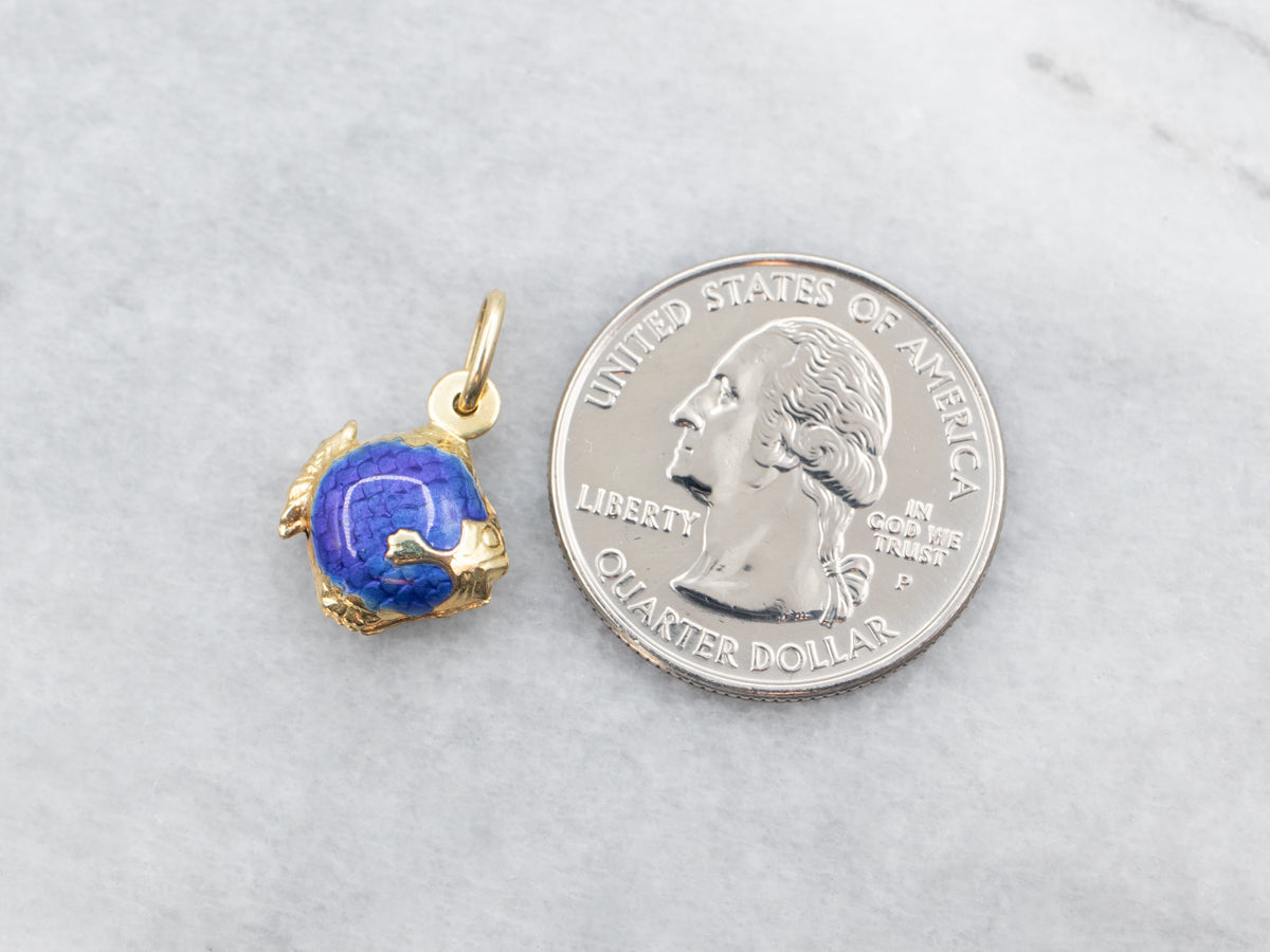 Vintage Gold Blue Enamel Fish Charm Pendant