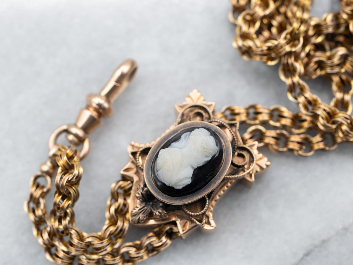 Antique Gold Double Rolo Link Necklace with Sardonyx Cameo Slide Pendant