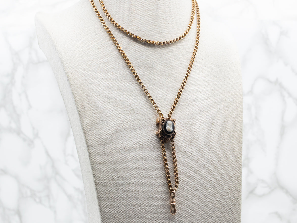 Antique Gold Double Rolo Link Necklace with Sardonyx Cameo Slide Pendant