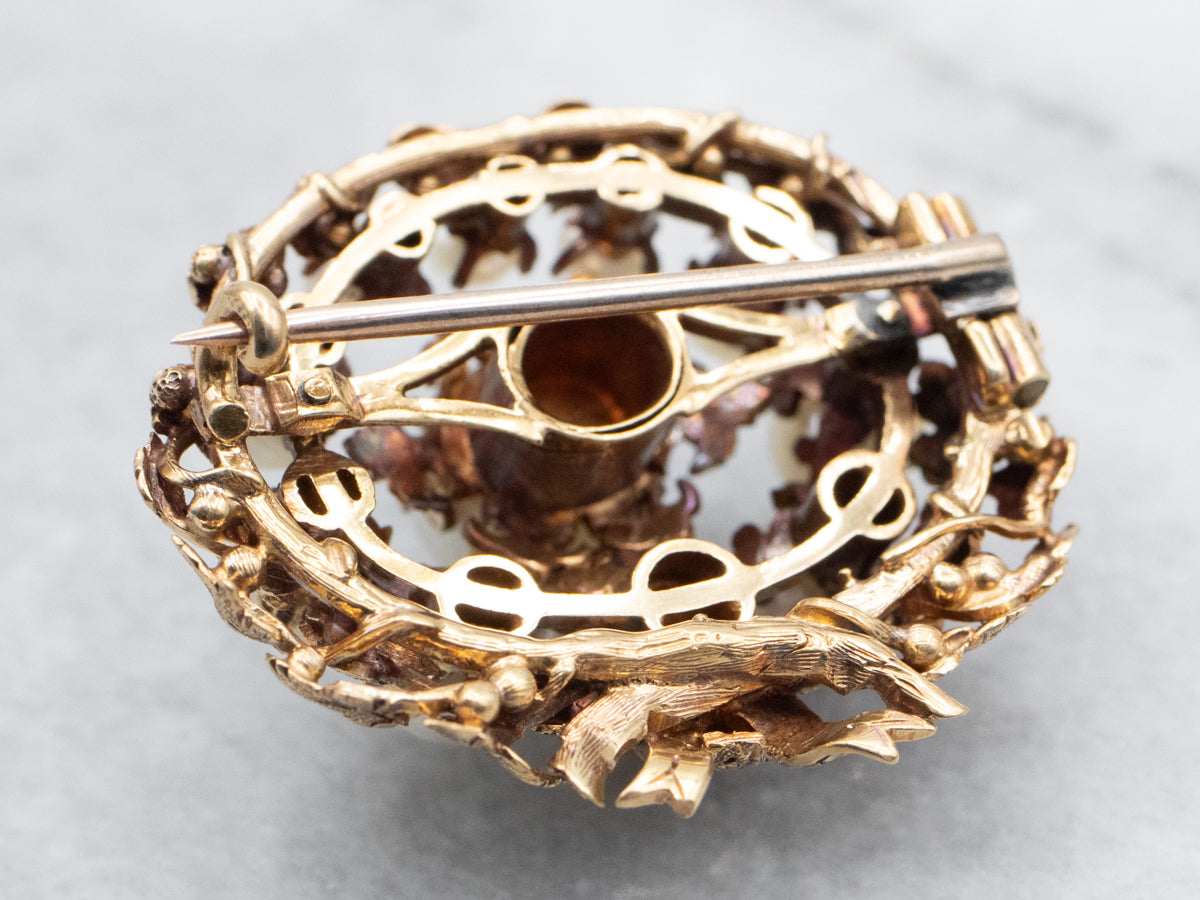Yellow Gold Pearl Cluster Botanical Brooch