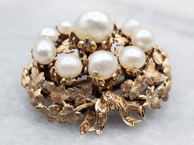Yellow Gold Pearl Cluster Botanical Brooch