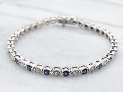 White Gold Round Cut Diamond and Sapphire Tennis Bracelet with Box Clasp