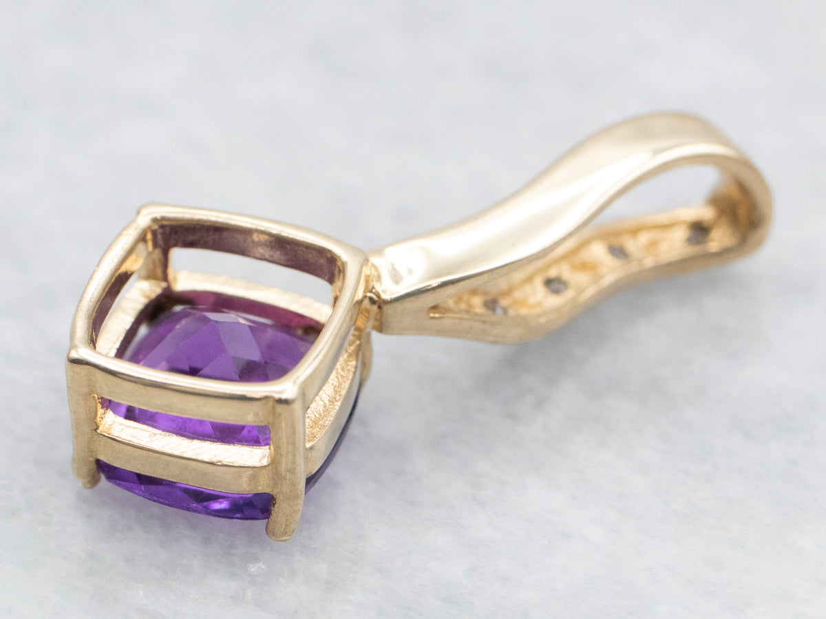 Yellow Gold Square Cushion Cut Amethyst Pendant with Diamond Accents
