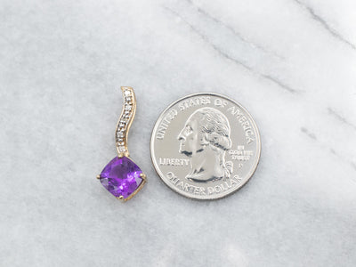Yellow Gold Square Cushion Cut Amethyst Pendant with Diamond Accents