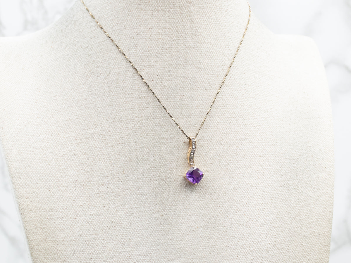 Yellow Gold Square Cushion Cut Amethyst Pendant with Diamond Accents