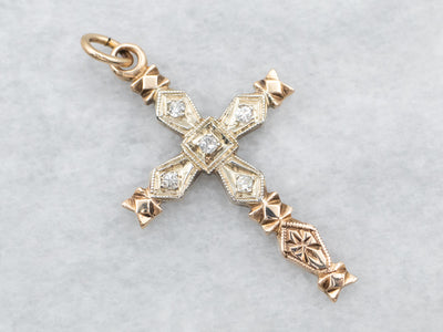 Two Tone Yellow and White Gold Diamond Cross Pendant
