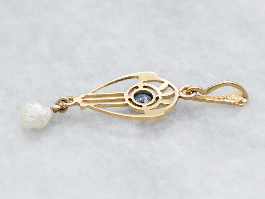 Yellow Gold Art Deco Bezel Set Round Cut Sapphire Pendant with Natural Pearl Accent