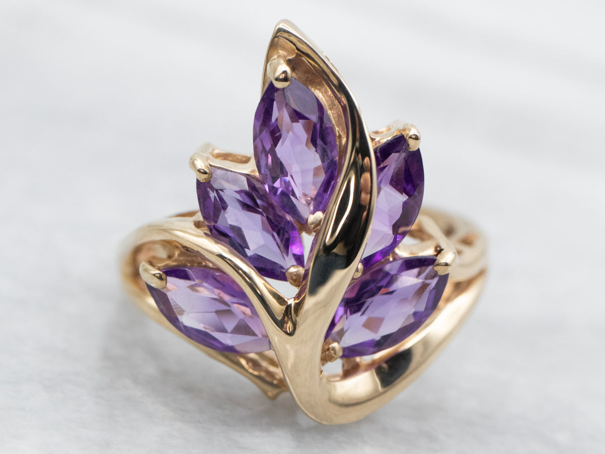 Yellow Gold Marquise Cut Amethyst Leaf Ring