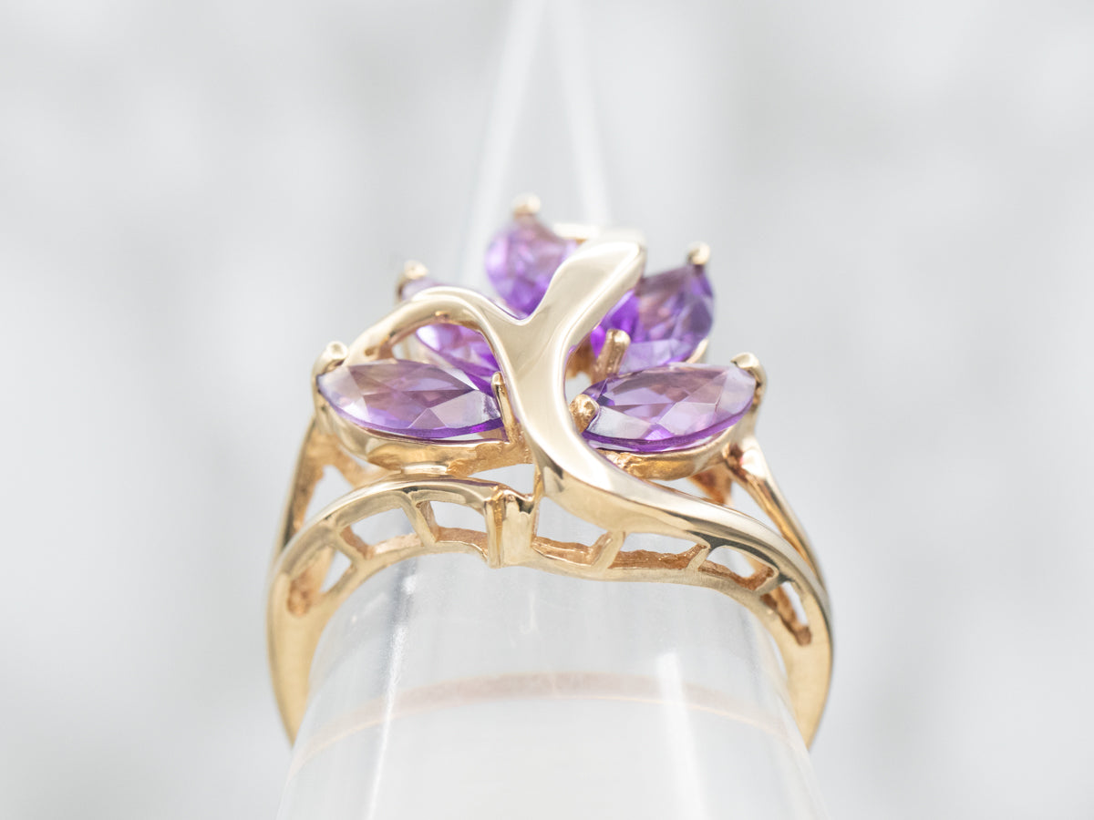 Yellow Gold Marquise Cut Amethyst Leaf Ring