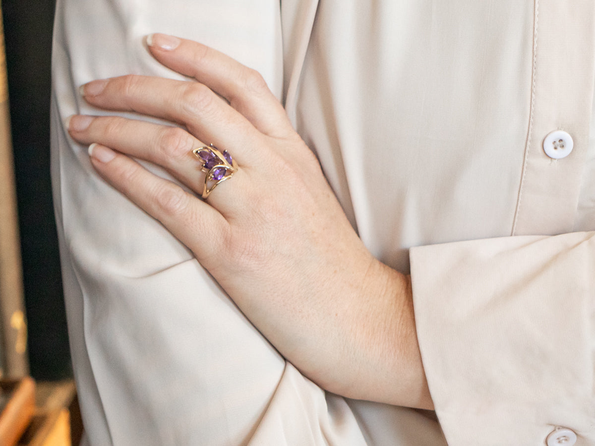 Yellow Gold Marquise Cut Amethyst Leaf Ring