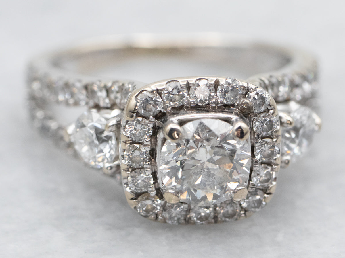 Modern White Gold Diamond Engagement Ring with Diamond Halo