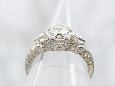 White Gold Art Deco European Cut Diamond Engagement Ring with Diamond Accents