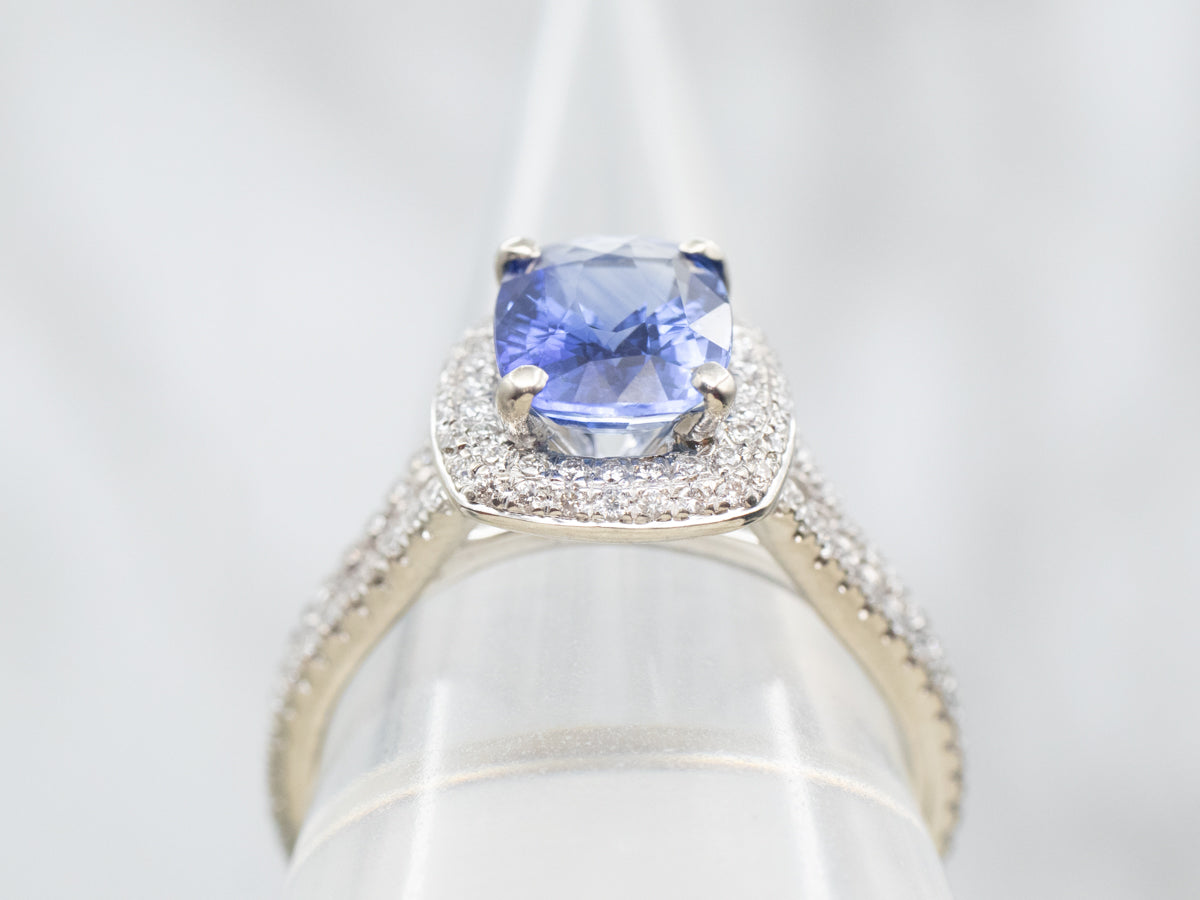 Modern Cushion Cut Sapphire Engagement Ring with Diamond Halo