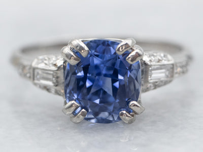 Platinum Cushion Cut Sapphire Engagement Ring with Diamond Accents