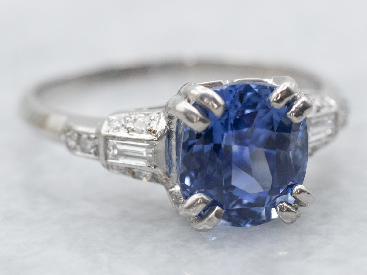 Platinum Cushion Cut Sapphire Engagement Ring with Diamond Accents