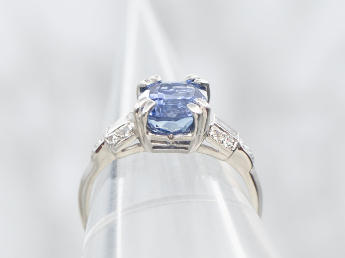 Platinum Cushion Cut Sapphire Engagement Ring with Diamond Accents