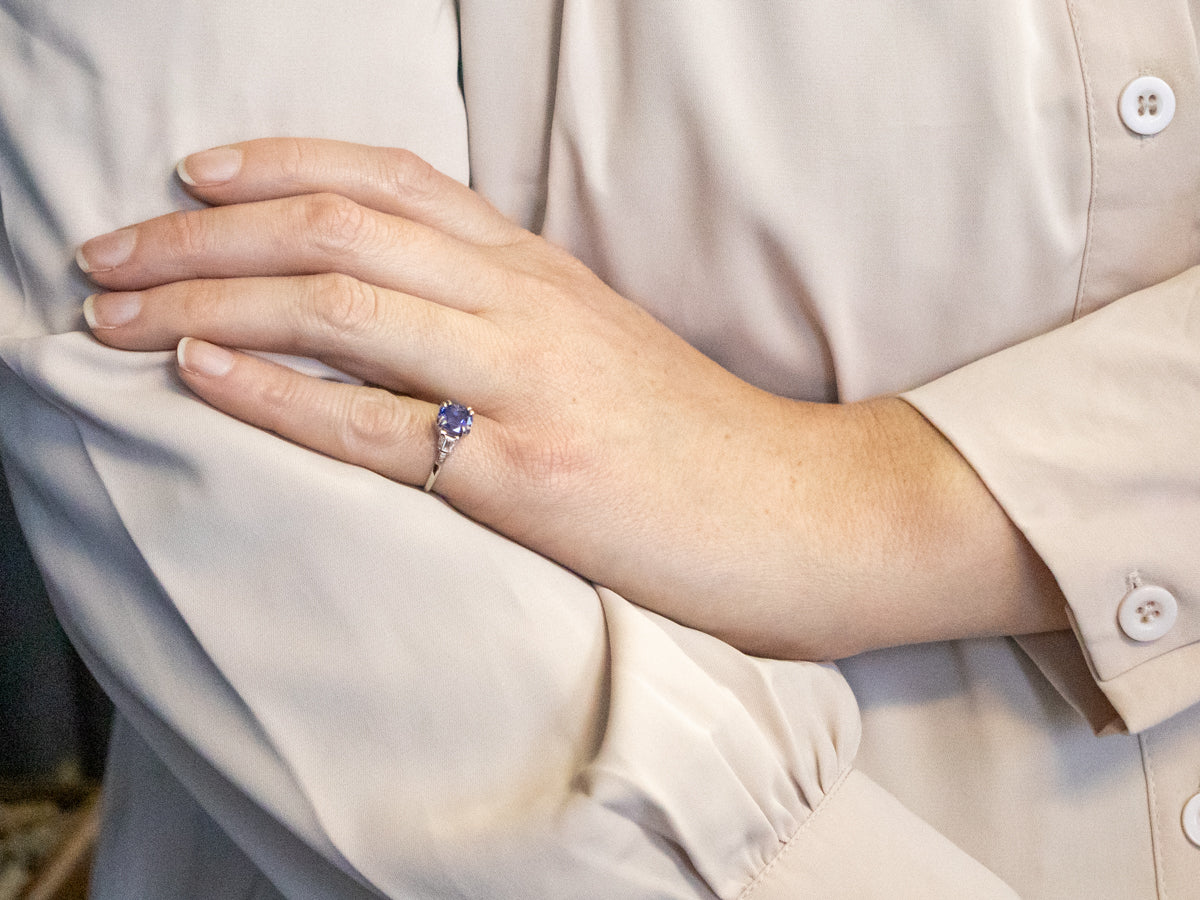 Platinum Cushion Cut Sapphire Engagement Ring with Diamond Accents