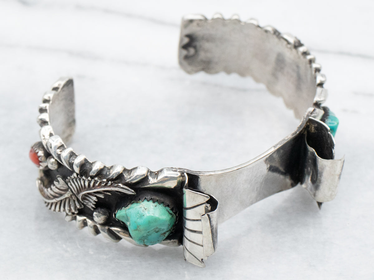 Sterling Silver Native American Turquoise and Coral Watch Cuff Bracelet