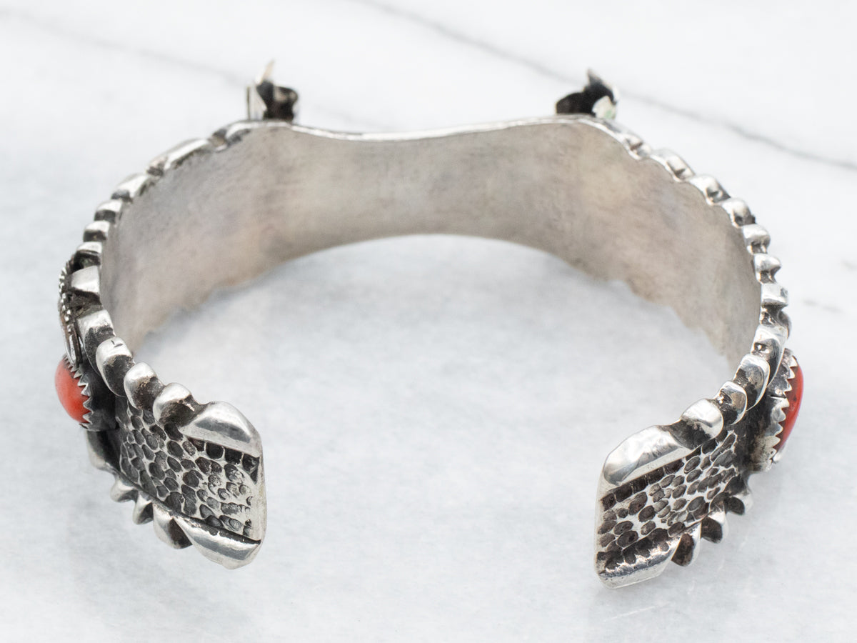 Sterling Silver Native American Turquoise and Coral Watch Cuff Bracelet