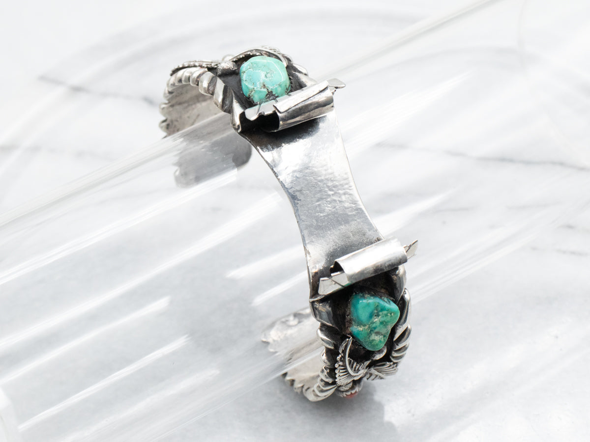 Sterling Silver Native American Turquoise and Coral Watch Cuff Bracelet