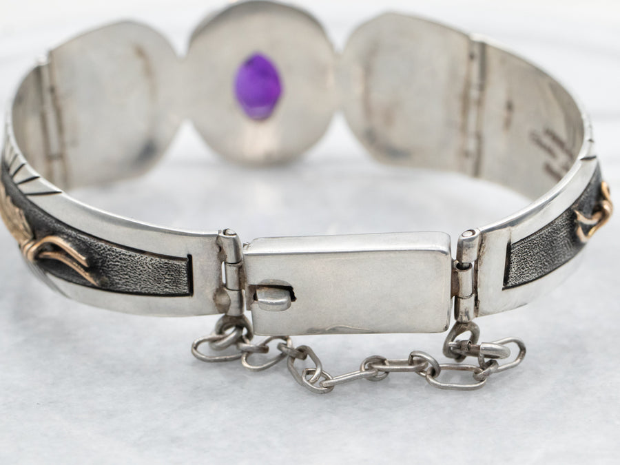 Sterling Silver and Gold Fill Amethyst Panel Link Bracelet with Native American Kokopelli Figures and Feathers