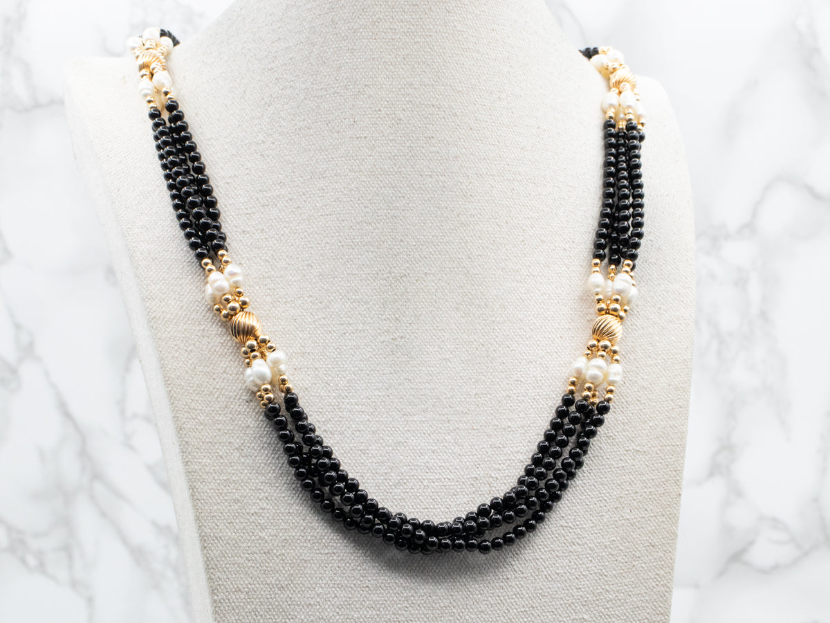 Black Onyx and Freshwater Pearl Multi Strand Necklace