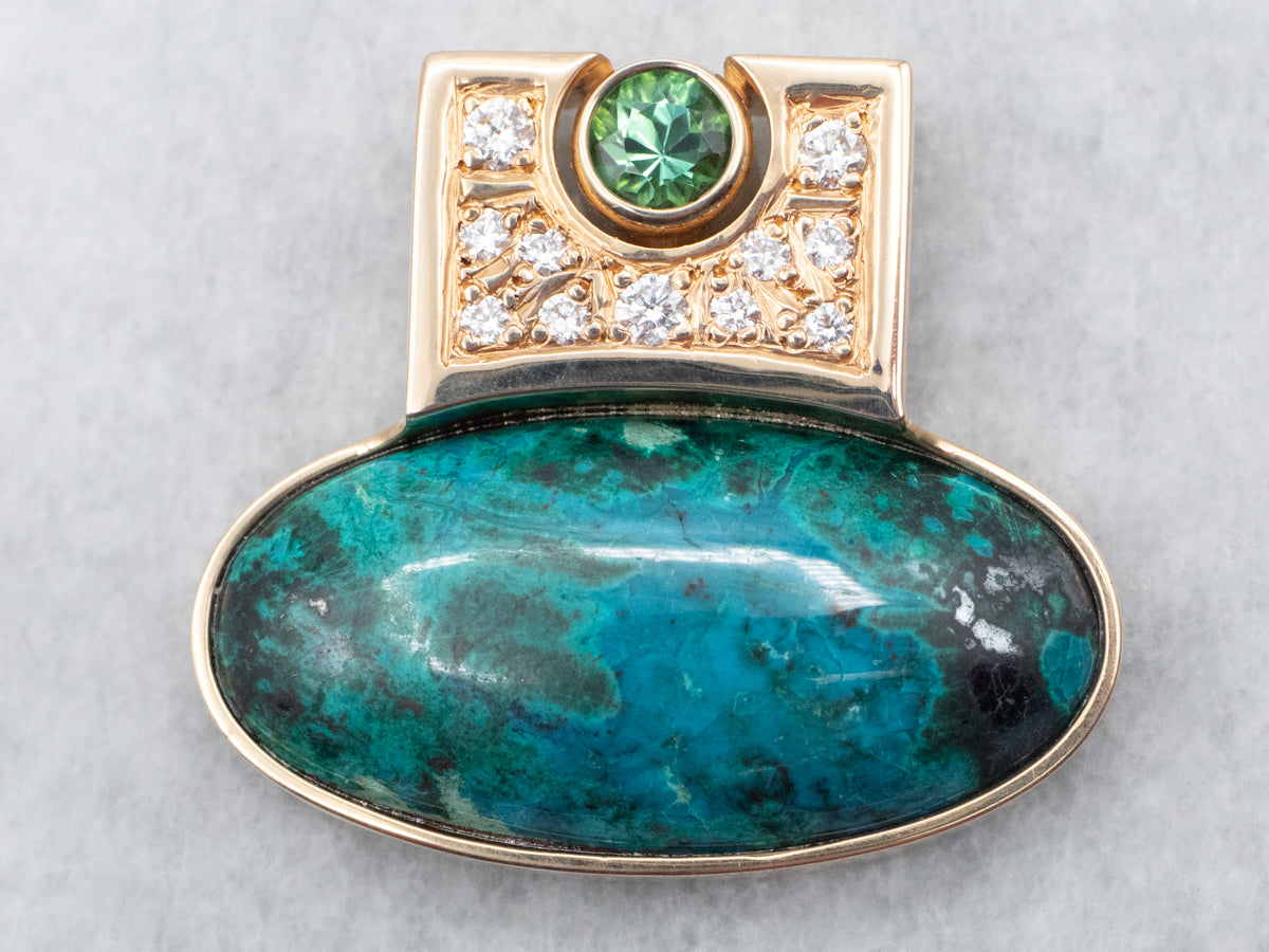 Yellow Gold Chrysocolla Slide Pendant with Green Tourmaline and Diamond Accents
