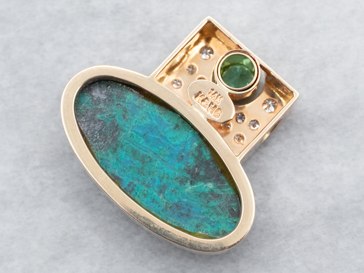 Yellow Gold Chrysocolla Slide Pendant with Green Tourmaline and Diamond Accents