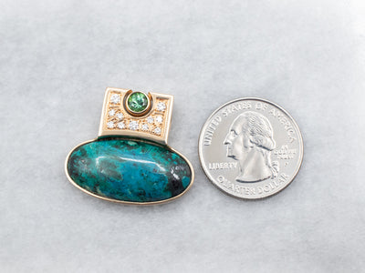 Yellow Gold East-to-West Oval Cut Chrysocolla Slide Pendant with Round Cut Green Tourmaline and Diamond Accents