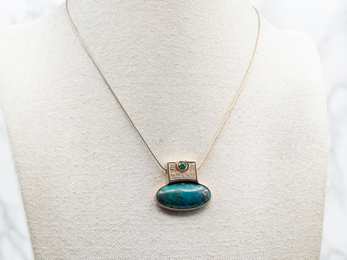 Yellow Gold Chrysocolla Slide Pendant with Green Tourmaline and Diamond Accents