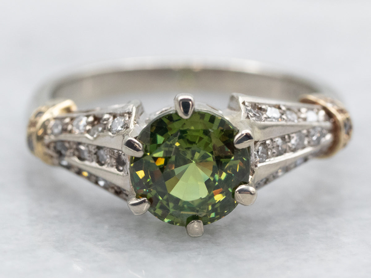 Two Tone White and Yellow Gold Round Cut Sphene Ring with Triple Row Diamond Shoulders