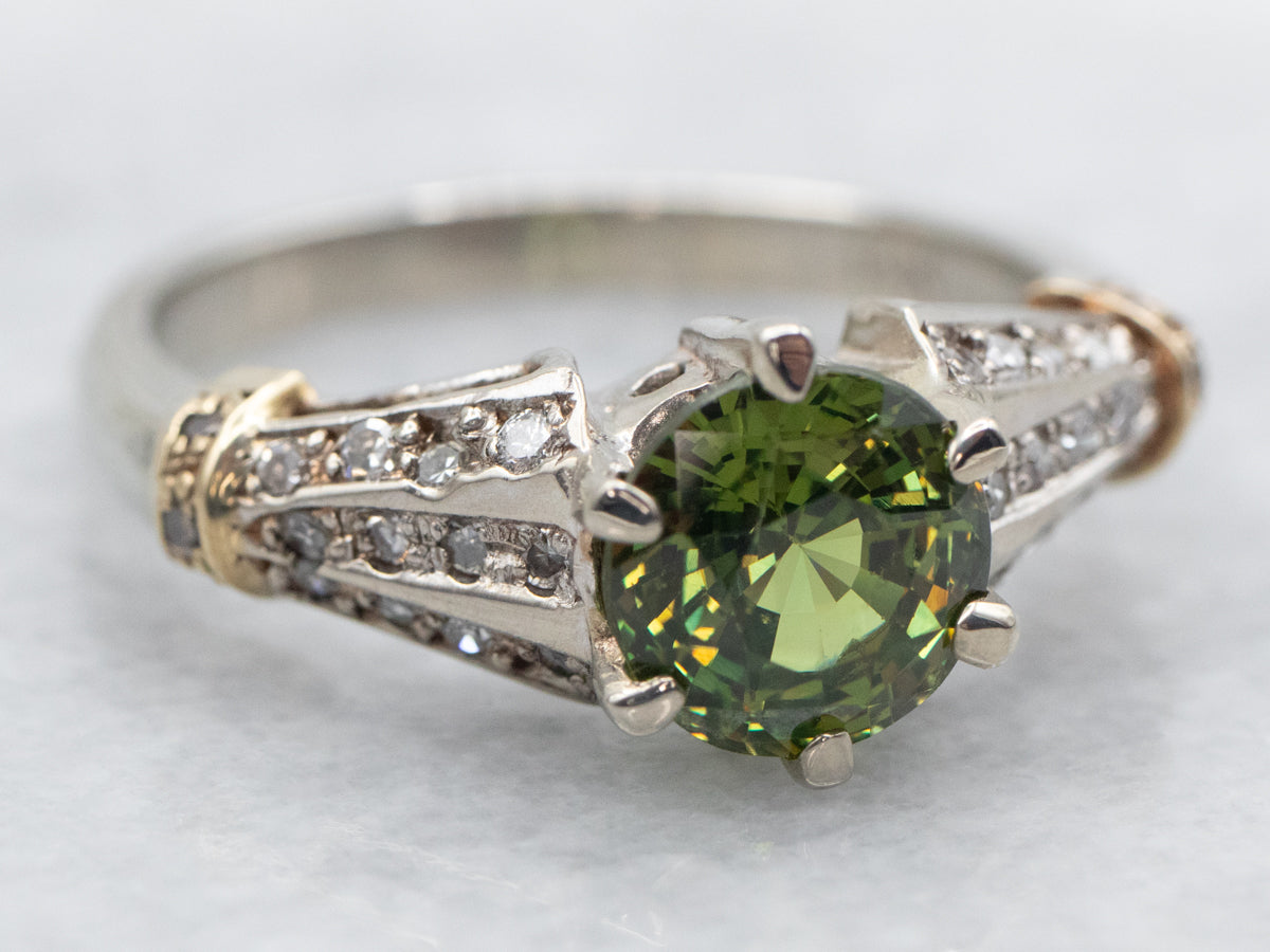 Two Tone White and Yellow Gold Round Cut Sphene Ring with Triple Row Diamond Shoulders