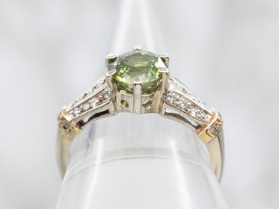 Two Tone White and Yellow Gold Round Cut Sphene Ring with Triple Row Diamond Shoulders