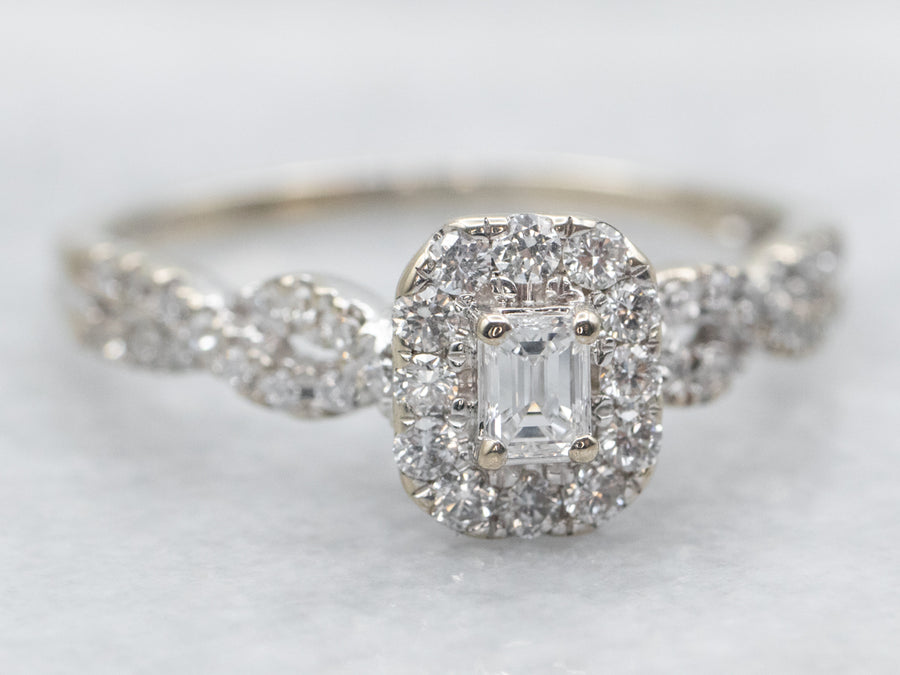 Modern Emerald-Cut Diamond Halo Engagement Ring