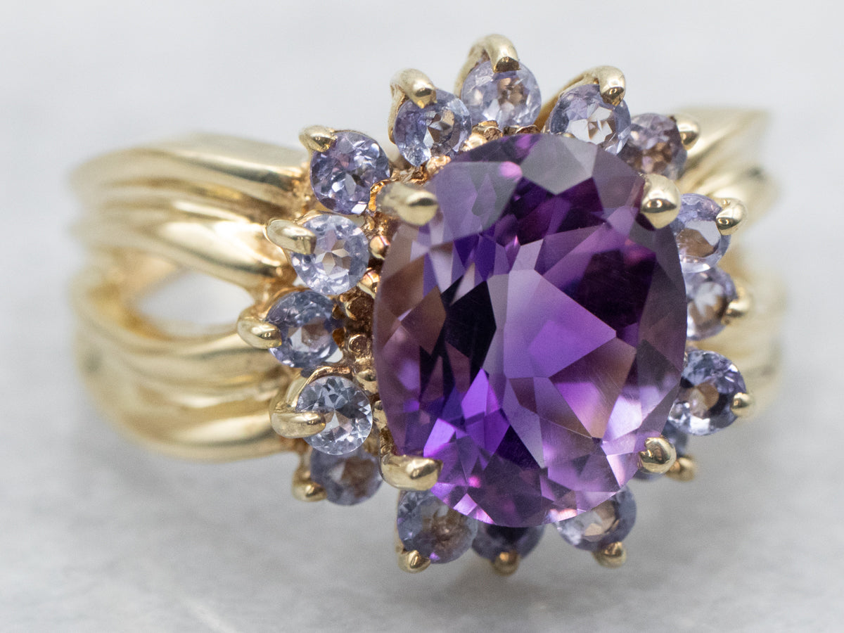 Amethyst and Tanzanite Halo Cocktail Ring