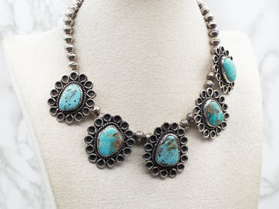 Sterling Silver Native American Squash Blossom Turquoise Statement Necklace