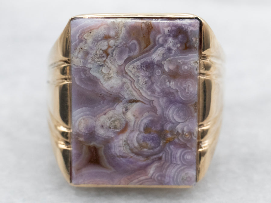 Yellow Gold Rectangle Cut Lace Agate Solitaire Cocktail Ring