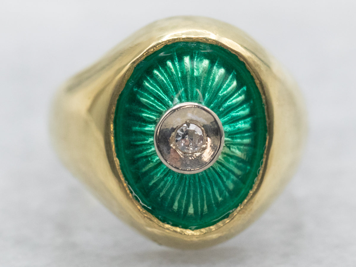 Anillo solitario de diamantes esmaltados en verde brillante