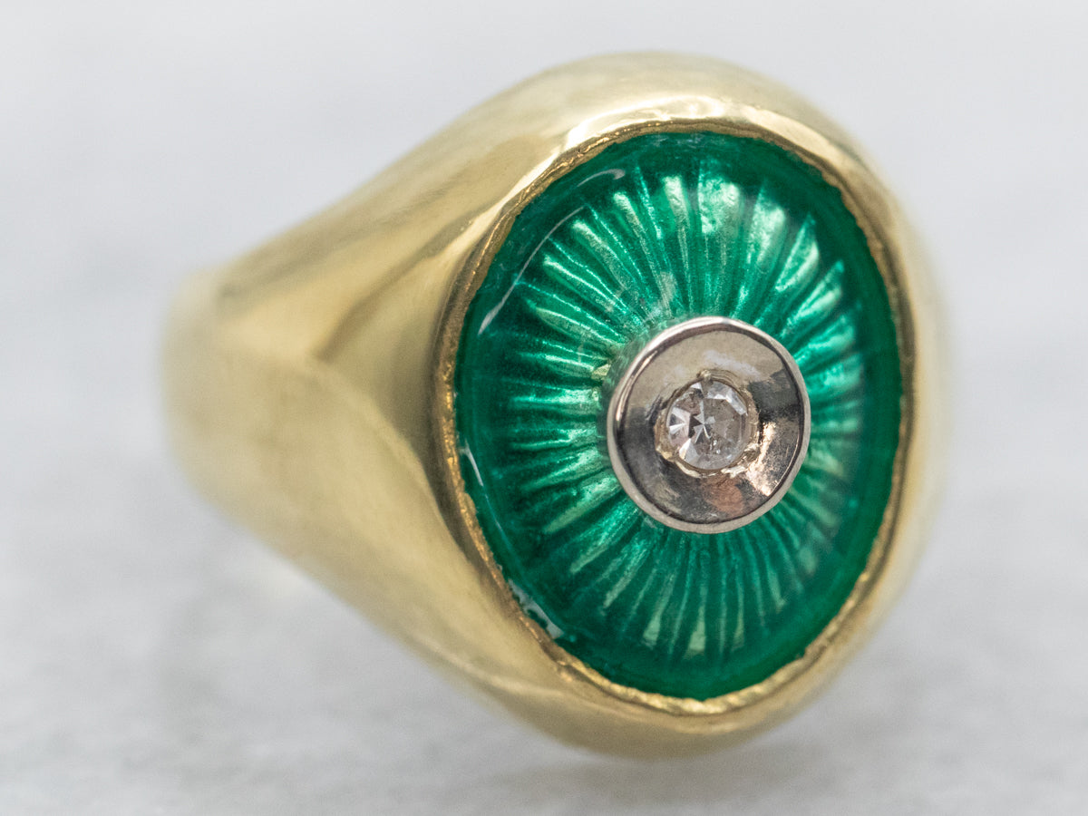 Anillo solitario de diamantes esmaltados en verde brillante