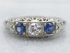 Art Deco Three Stone Diamond and Sapphire Ring